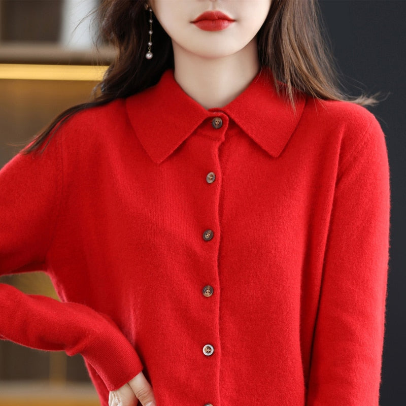 Women&#39;s Wool Knit Cardigan Jacket Loose Polo Collar Sweater Outer Solid Color Button Knit Shirt Pullover French 2022 New  Spring