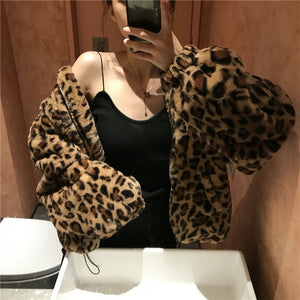 Winter Leopard Print Jacket Women&#39;s Stand collar Warm Parkas Outwear 2023 New Autumn Winter Korean Female Loose Faux Fur Coats
