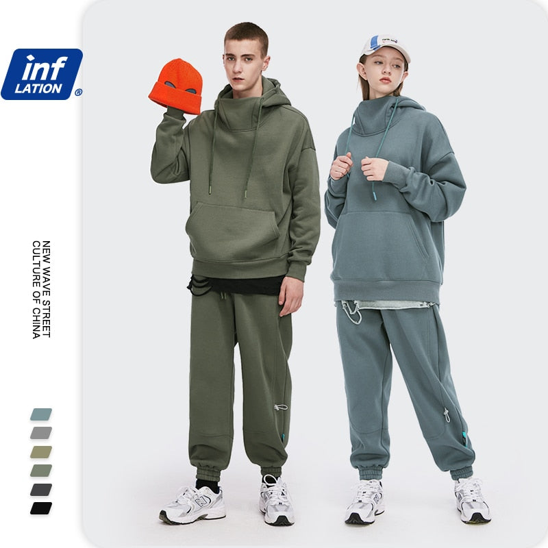 INFLATION Men Thick Fleece Tracksuit Winter Warm Hoodie and Sweatpant Set Unisex High Collar Oversized Jogging Suit