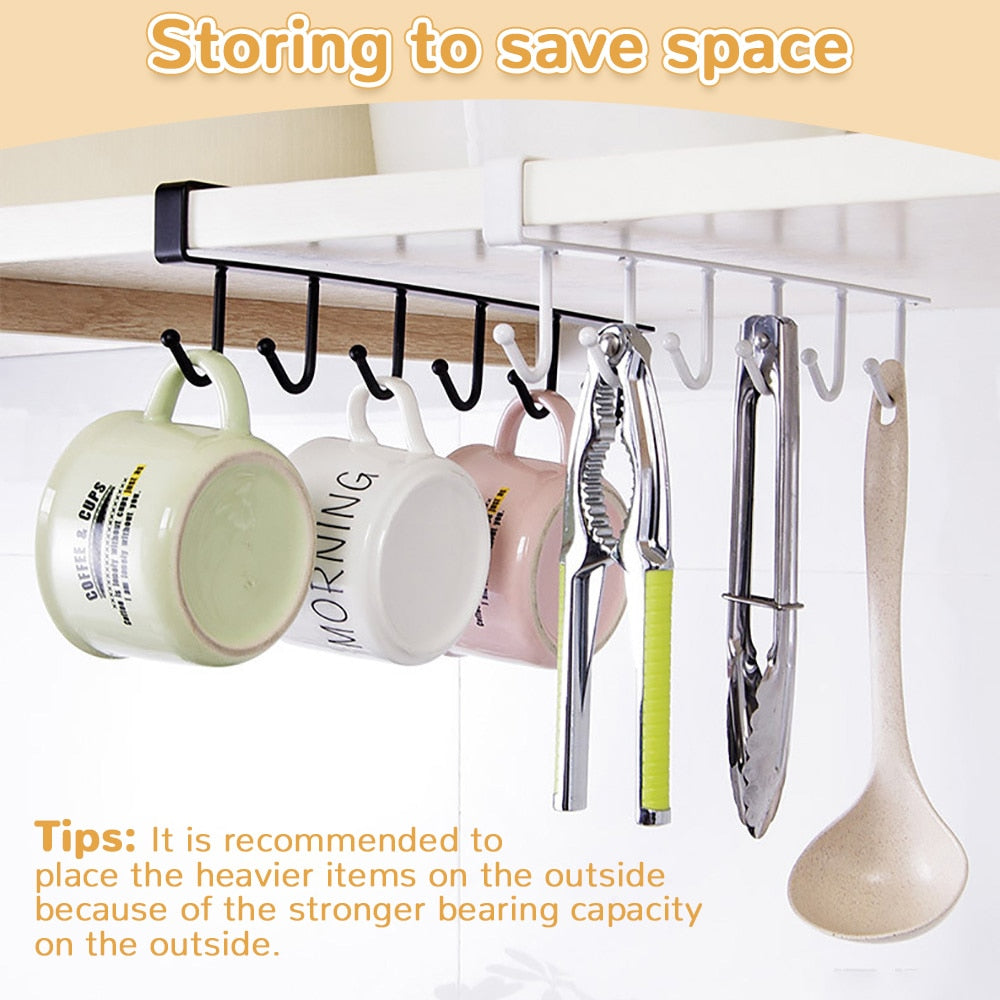 Iron 6 Hooks Storage Shelf Wardrobe Cabinet Metal Under Shelves Mug Cup Hanger Bathroom Kitchen Organizer Hanging Rack Holder