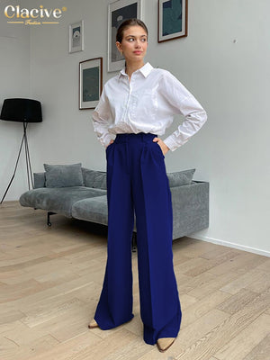 Clacive Blue Office Women'S Pants 2021 Fashion Loose Full Length Ladies Trousers Casual High Waist Wide Pants For Women