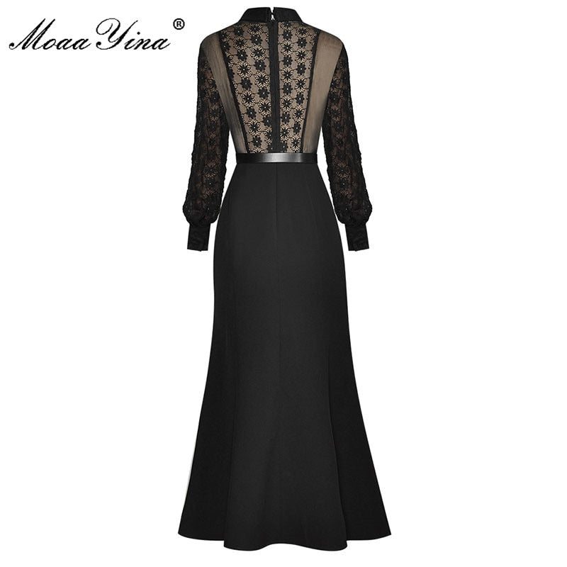 MoaaYina Fashion Designer dress Spring Women's Dress Long sleeve Lace Package Hip Elegant Party Black Fishtail Dresses