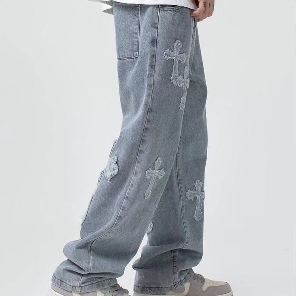 Men Streetwear Baggy Jeans Trousers Cross Hip Hop Mens Loose Jeans Pants Women Oversized Boyfriend Jeans Denim Jeans