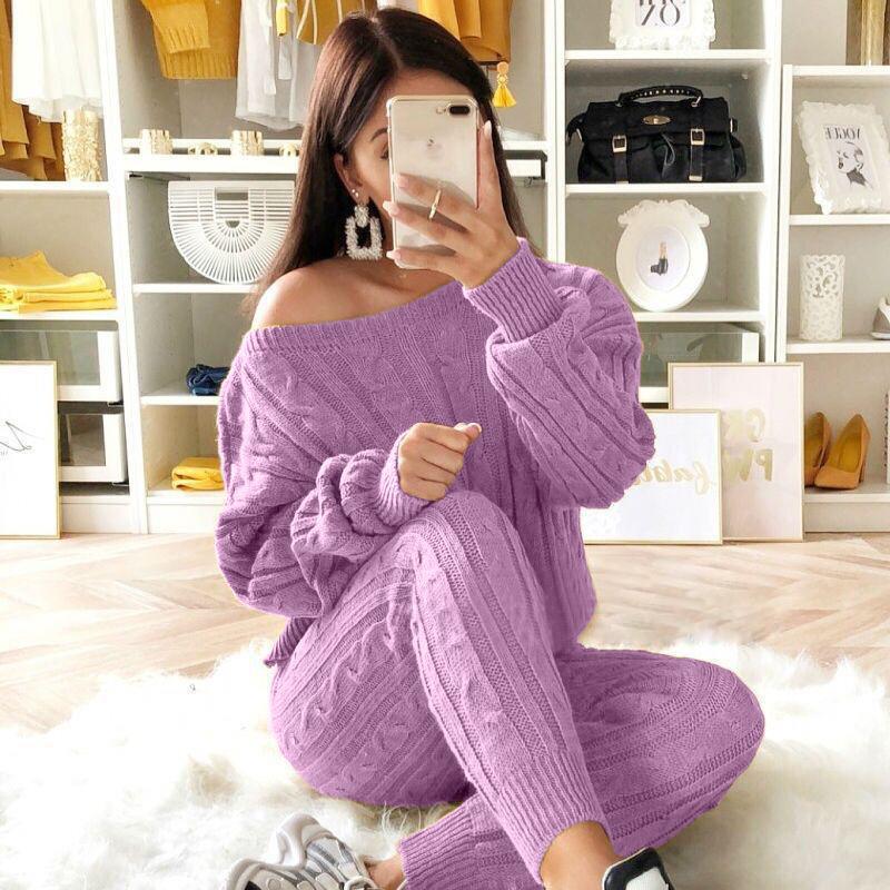 LW Plus Size Dropped Shoulder Knit Pants Set Women&#39;s Long Sleeve Knitted Casual Two-piece Sweater Long Sleeve Top Thick Sweaters