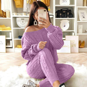 LW Plus Size Dropped Shoulder Knit Pants Set Women&#39;s Long Sleeve Knitted Casual Two-piece Sweater Long Sleeve Top Thick Sweaters