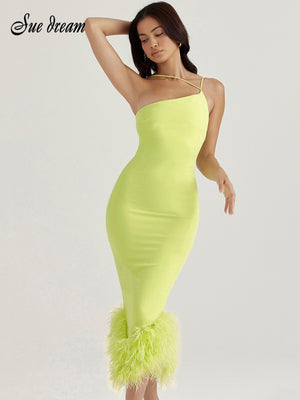 Sexy Suspender One Shoulder Sleeveless Feather Bodycon Dress 2022 New Women's Elegant Light Green Celebrity Club Party Dresses