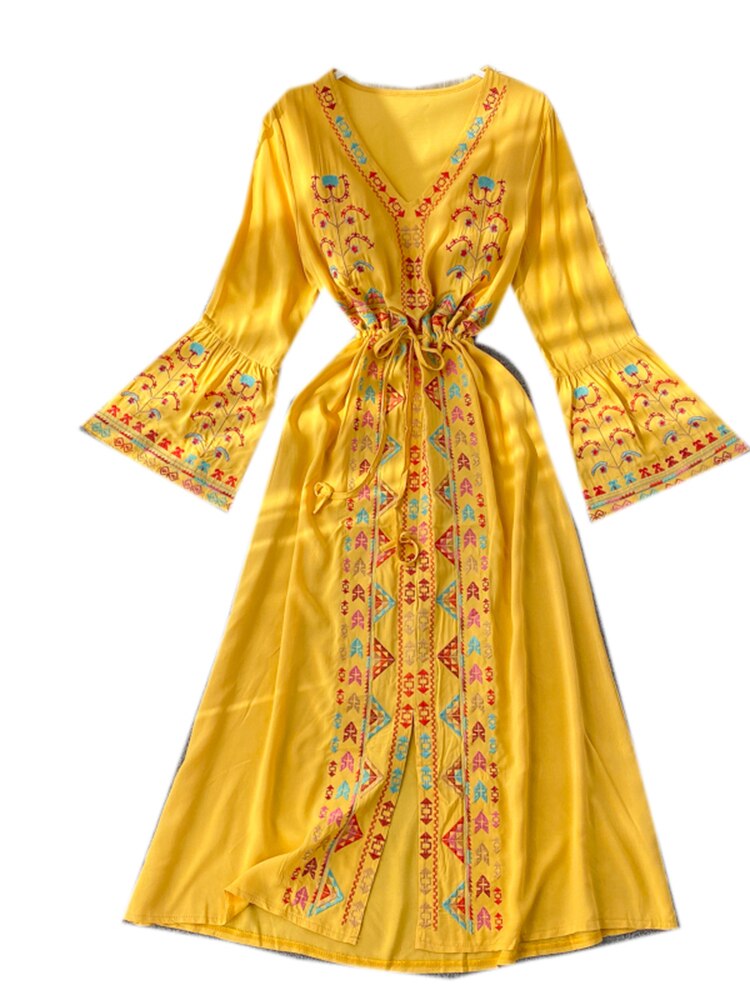 Summer Women's Dress Heavy Industry Embroidery V-neck Drawstring Trumpet Sleeves Ethnic Style Thin Waist Long Dresses LL040