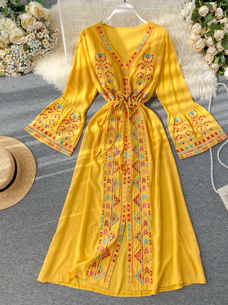 Summer Women's Dress Heavy Industry Embroidery V-neck Drawstring Trumpet Sleeves Ethnic Style Thin Waist Long Dresses LL040