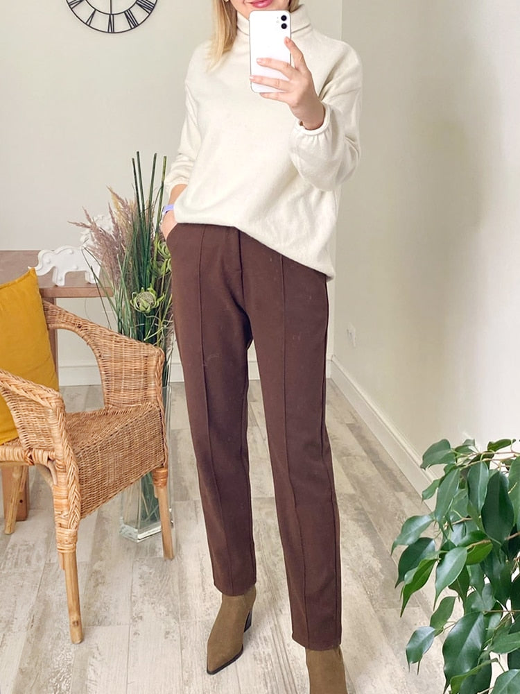 Women's Winter Pants Thick Warm Loose Harem Suit Thermal Brown Beige Wool Long Pants for Women High Waisted Trousers Casual