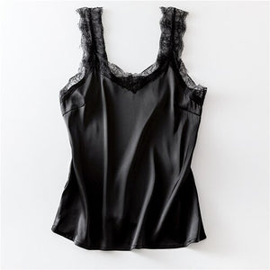 Women's Satin Summer Tops for Women 2023 V Neck   Sleeveless Lace Tank Tops Women Summer Female Silk Top with Lace