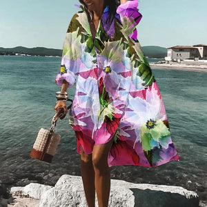 New Women's Sexy Fashion Print Beach Vacation Overcoat Women's Casual Shirt Collar Swimwear Pullover 2yk clothing