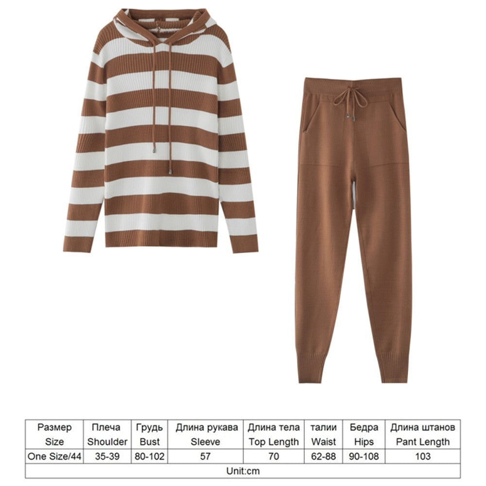 TYHRU Autumn Winter Women&#39;s tracksuit Solid Color Striped Turtleneck Sweater and Elastic Trousers Suits Knitted Two Piece Set