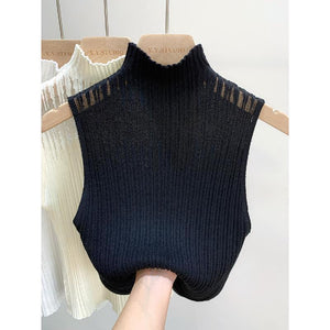 Hollow Out Gauze Tank Top Turtleneck Elegant Sleeveless Design Slim Camis Knitting Solid Chic Corset Summer Women&#39;s Tube Top