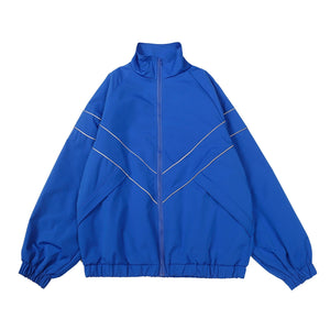 Hip Hop Reflective Striped Jackets Mens Harajuku Patchwork Zipper Windbreaker Streetwear Casual Loose Varsity Coats Unisex Blue