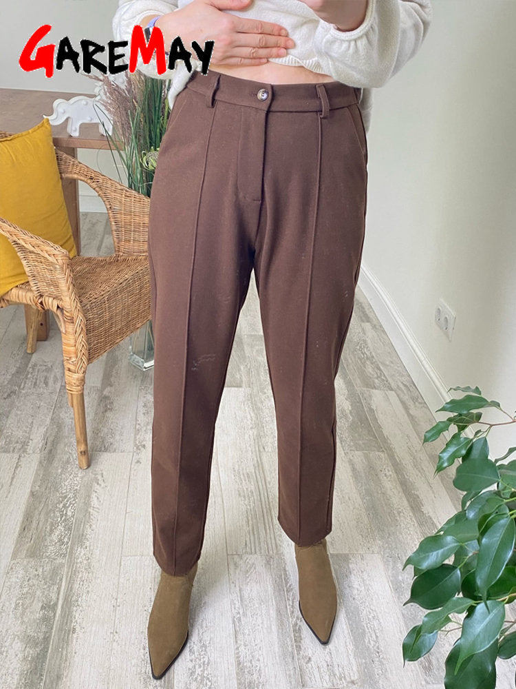 Women's Winter Pants Thick Warm Loose Harem Suit Thermal Brown Beige Wool Long Pants for Women High Waisted Trousers Casual