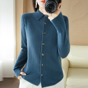 Women&#39;s Wool Knit Cardigan Jacket Loose Polo Collar Sweater Outer Solid Color Button Knit Shirt Pullover French 2022 New  Spring