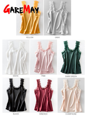 Women's Satin Summer Tops for Women 2023 V Neck   Sleeveless Lace Tank Tops Women Summer Female Silk Top with Lace