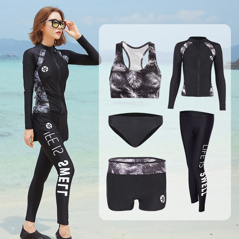 Women&#39;s 5pcs/set Swimsuit Long Sleeve Zip Top and Leggings Rash Guards Sun UV Protection Jogger Yoga Suit Swimwear Bathing Suits