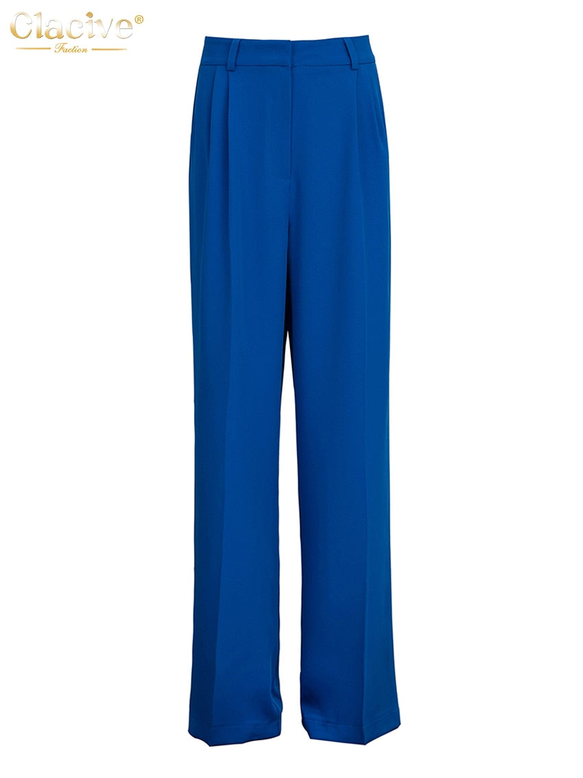 Clacive Blue Office Women'S Pants 2021 Fashion Loose Full Length Ladies Trousers Casual High Waist Wide Pants For Women