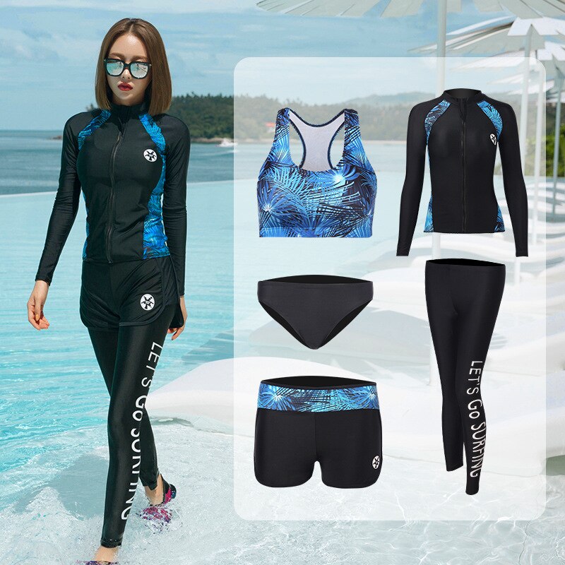 Women&#39;s 5pcs/set Swimsuit Long Sleeve Zip Top and Leggings Rash Guards Sun UV Protection Jogger Yoga Suit Swimwear Bathing Suits