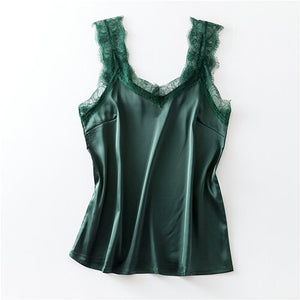 Women's Satin Summer Tops for Women 2023 V Neck   Sleeveless Lace Tank Tops Women Summer Female Silk Top with Lace